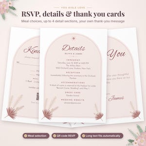 May include: A set of three wedding stationery cards featuring a blush pink arch design with dark brown text. The center card displays details for a ceremony, reception, and accommodations for Olivia and James, accented with dried palm leaf illustrations.