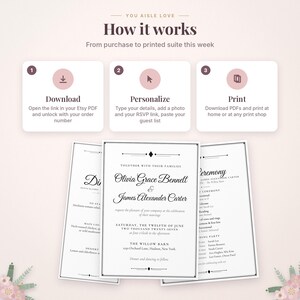 May include: An instructional graphic titled How it works with three steps: 1 Download, 2 Personalize, and 3 Print. Below are three wedding invitation cards with black text on white paper, featuring the names Olivia Grace Bennett and James Alexander Carter, with details about the ceremony, dinner, and venue location.