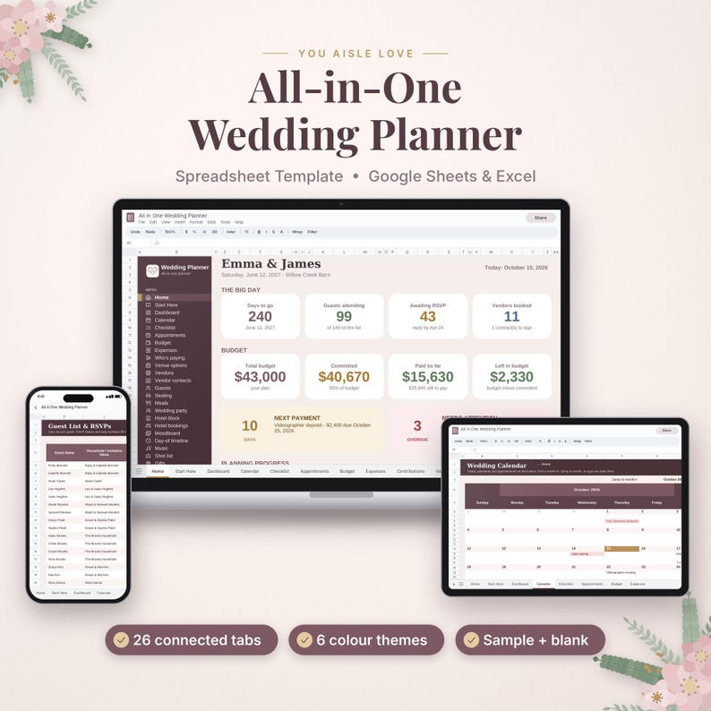 Puede incluir: Una plantilla de hoja de c&aacute;lculo para planificar bodas en Google Sheets y Excel, mostrada en un port&aacute;til, tableta y smartphone. La interfaz presenta secciones en marr&oacute;n oscuro y crema con datos de listas de invitados y presupuestos.