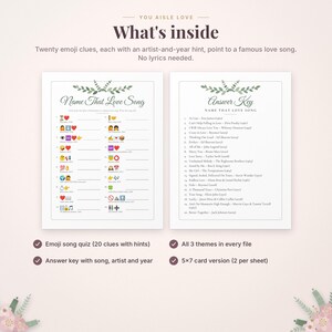Pu&ograve; includere: Un foglio di gioco stampabile intitolato Name That Love Song con venti indizi emoji con suggerimenti su artista e anno, insieme a un foglio di risposte. Entrambi i documenti sono decorati con illustrazioni di foglie verdi.