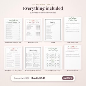 May include: A digital bundle of eight printable bachelorette party games and activities, including Bachelorette Scavenger Hunt, Never Have I Ever, Drink If, Truth or Dare, Bride Trivia, Photo Challenge, Bar Crawl Bingo, and Bachelorette Awards.