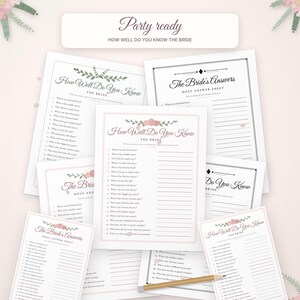 May include: A collection of printed bridal shower game sheets titled How Well Do You Know The Bride and The Bride's Answers. The white paper sheets feature black text, floral accents in pink and green, and lines for writing. A wooden pencil is included.