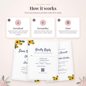 May include: An instructional graphic titled How it works with three steps: Download, Personalize, and Print. Below are three wedding invitation cards featuring sunflower illustrations, text fields for names, dates, and a QR code for online replies.