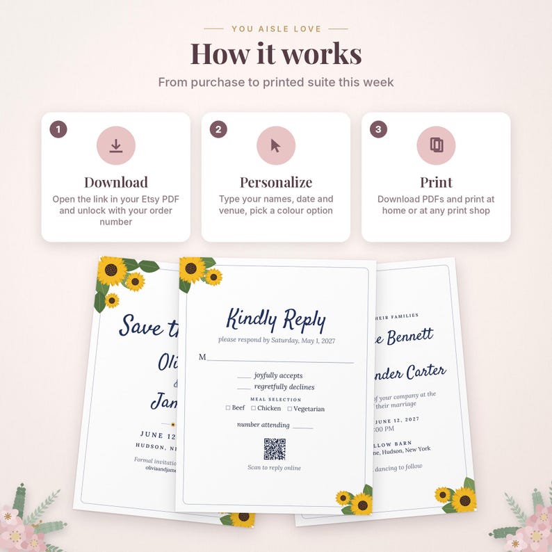 May include: An instructional graphic titled How it works with three steps: Download, Personalize, and Print. Below are three wedding invitation cards featuring sunflower illustrations, text fields for names, dates, and a QR code for online replies.