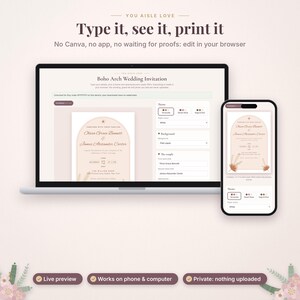 May include: A laptop and a smartphone displaying a digital wedding invitation template editor. The screen shows text fields for names, dates, and locations, with a preview of an arch-shaped invitation design featuring floral accents.