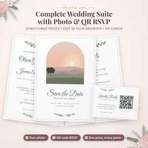 May include: A wedding stationery suite featuring a Save the Date card with an arched landscape illustration of a sunset over hills and a tree. Includes a matching RSVP card with a QR code, all printed on white paper with dark text.