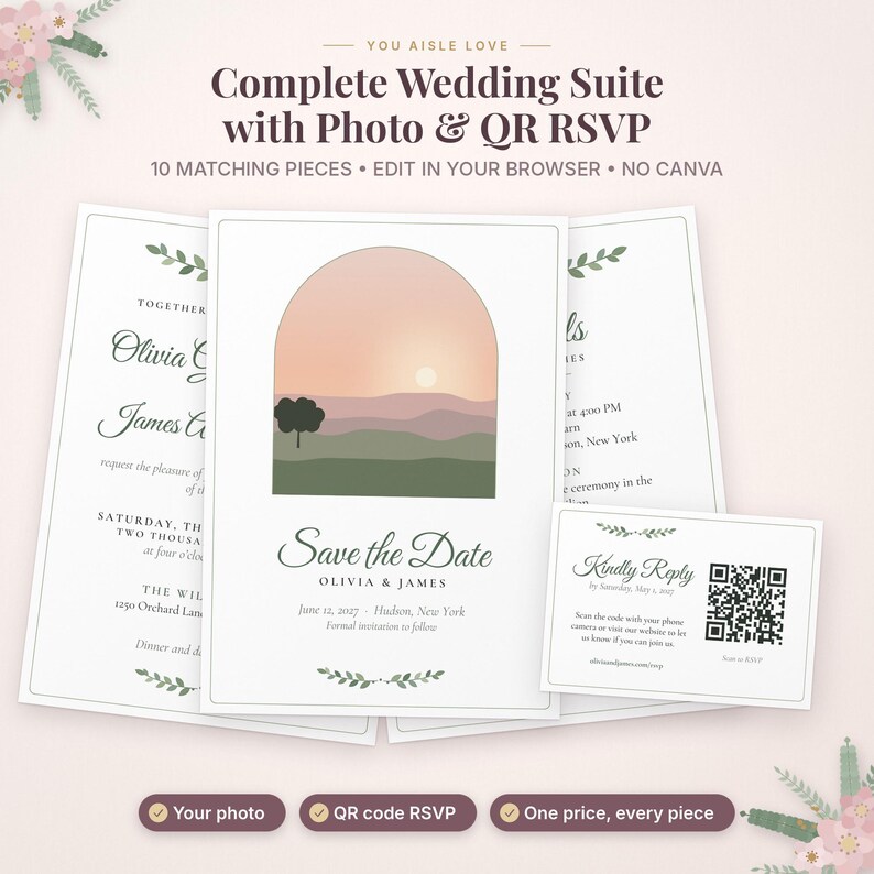 May include: A wedding stationery suite featuring a Save the Date card with an arched landscape illustration of a sunset over hills and a tree. Includes a matching RSVP card with a QR code, all printed on white paper with dark text.