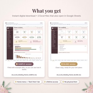 Puede incluir: Una plantilla de hoja de c&aacute;lculo digital para organizar bodas con dos versiones: una de muestra con datos de Emma & James y una versi&oacute;n en blanco para uso personal. La interfaz incluye rastreadores de presupuesto, gr&aacute;ficos de progreso y pesta&ntilde;as.