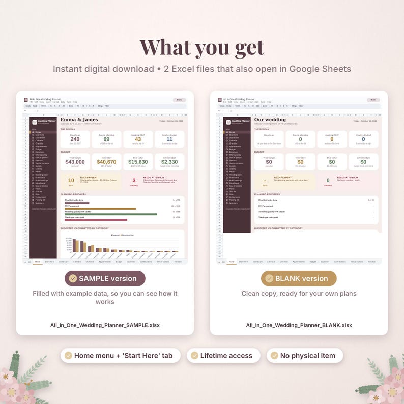 Puede incluir: Una plantilla de hoja de c&aacute;lculo digital para organizar bodas con dos versiones: una de muestra con datos de Emma & James y una versi&oacute;n en blanco para uso personal. La interfaz incluye rastreadores de presupuesto, gr&aacute;ficos de progreso y pesta&ntilde;as.