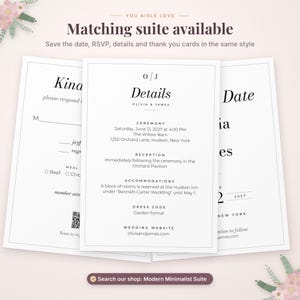 May include: Three white wedding stationery cards with black text and thin borders. The center card displays details for Olivia and James, including ceremony, reception, accommodations, dress code, and website. The side cards show RSVP and date information.