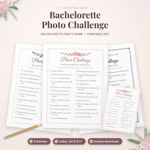 Może przedstawiać: Gra imprezowa Bachelorette Photo Challenge w formacie PDF do druku z listą zadań fotograficznych. Dokument zawiera tekst taki jak Bachelorette Photo Challenge, Bachelorette Edition oraz listę zadań z polami wyboru.