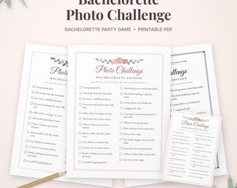 May include: A Bachelorette Photo Challenge party game printable PDF featuring a checklist of photo tasks. The document includes text such as Bachelorette Photo Challenge, Bachelorette Edition, and a list of prompts with checkboxes.