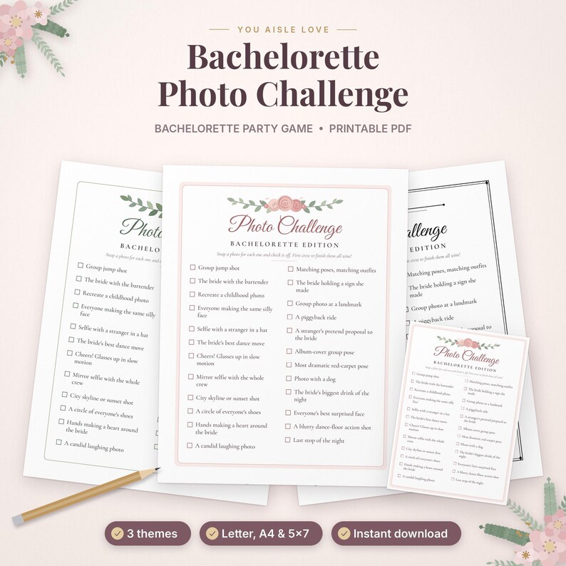 Może przedstawiać: Gra imprezowa Bachelorette Photo Challenge w formacie PDF do druku z listą zadań fotograficznych. Dokument zawiera tekst taki jak Bachelorette Photo Challenge, Bachelorette Edition oraz listę zadań z polami wyboru.