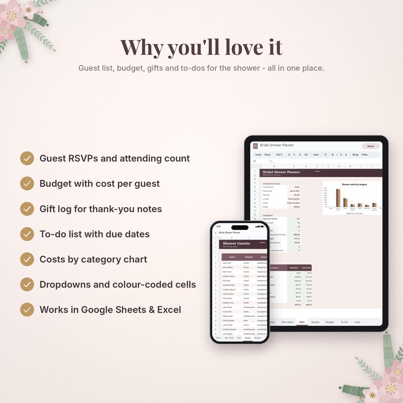 May include: A digital bridal shower planner displayed on a tablet and smartphone screen. The interface features spreadsheets for guest lists, budgets, gift logs, and to-do lists, with charts and color-coded cells compatible with Google Sheets and Excel.