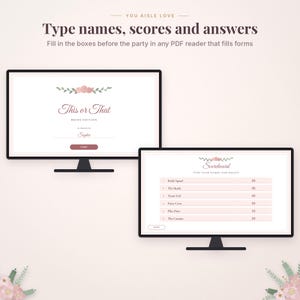 May include: Two computer monitors displaying a digital bridal game. The left screen shows "This or That" with a "Start" button. The right screen shows a "Scoreboard" with team names and points. Both screens feature floral accents.