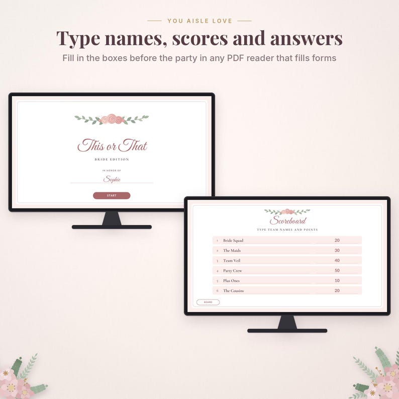 May include: Two computer monitors displaying a digital bridal game. The left screen shows "This or That" with a "Start" button. The right screen shows a "Scoreboard" with team names and points. Both screens feature floral accents.