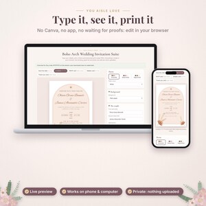 May include: A laptop and smartphone displaying a digital wedding invitation template editor. The screen shows a browser-based interface with text fields, color options, and a preview of an arch-shaped invitation design with floral accents.
