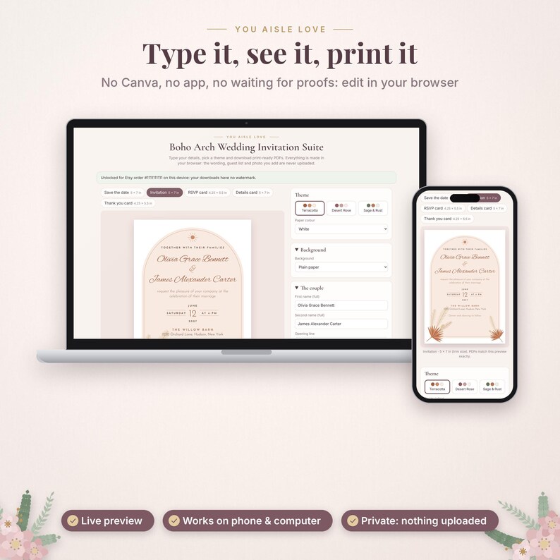 May include: A laptop and smartphone displaying a digital wedding invitation template editor. The screen shows a browser-based interface with text fields, color options, and a preview of an arch-shaped invitation design with floral accents.