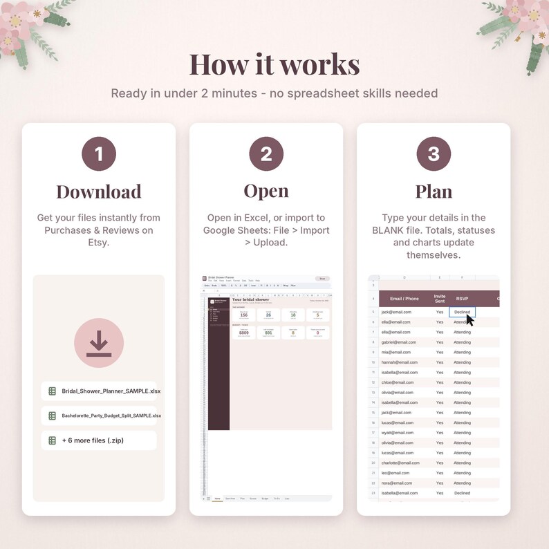 May include: An instructional graphic titled How it works with three steps: 1 Download, 2 Open, and 3 Plan. It displays icons for file downloading, a spreadsheet interface for a bridal shower planner, and a guest list table with RSVP statuses.
