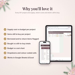 May include: A digital wedding DIY decor supply tracker displayed on a tablet and smartphone. The text reads Why you'll love it, Every DIY project and supply, what it costs and what's still to buy, and lists features including supply cost vs budget, items to buy, and compatibility with Google Sheets and Excel.