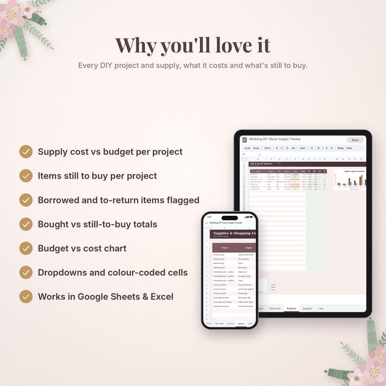 May include: A digital wedding DIY decor supply tracker displayed on a tablet and smartphone. The text reads Why you'll love it, Every DIY project and supply, what it costs and what's still to buy, and lists features including supply cost vs budget, items to buy, and compatibility with Google Sheets and Excel.