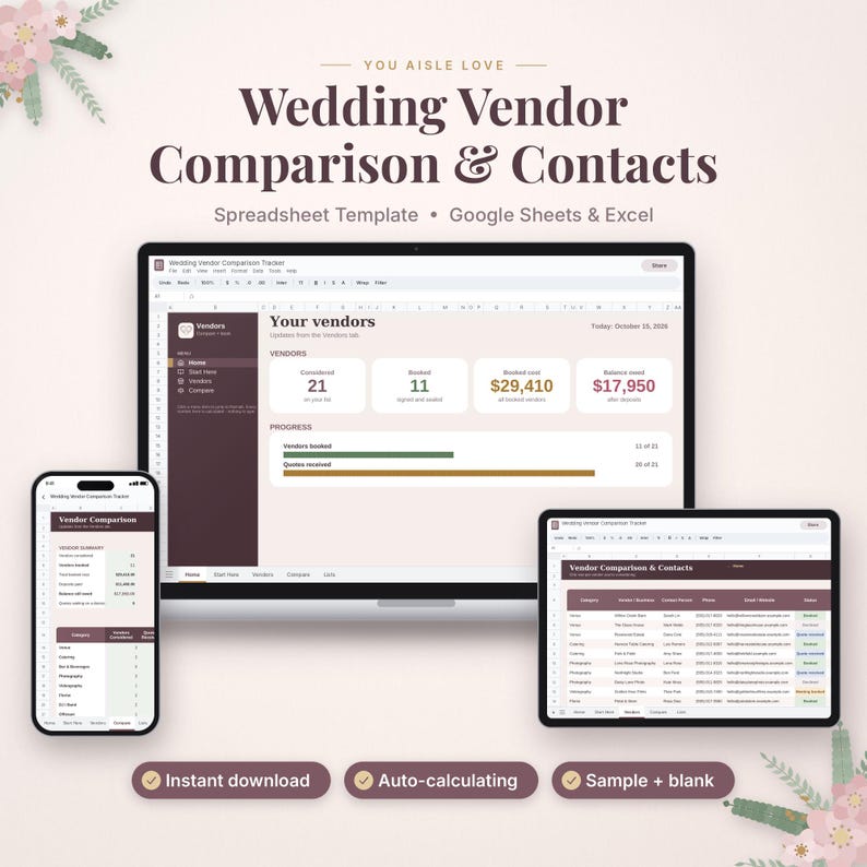 May include: A digital wedding vendor comparison and contact spreadsheet template for Google Sheets and Excel, displayed on a laptop, tablet, and smartphone screen, featuring data tables, progress bars, and vendor summary metrics.