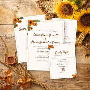 May include: A wedding invitation suite featuring cream-colored cards with brown text and sunflower illustrations. The text includes names Olivia Grace Bennett and James Alexander Carter, event details, and a Kindly Reply card with a QR code.