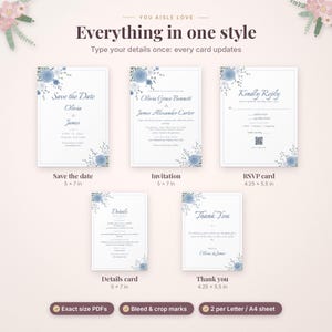 May include: A wedding stationery set featuring a Save the Date, invitation, RSVP card, details card, and thank you card. Each white card displays blue floral accents, elegant typography, and specific dimensions in inches.