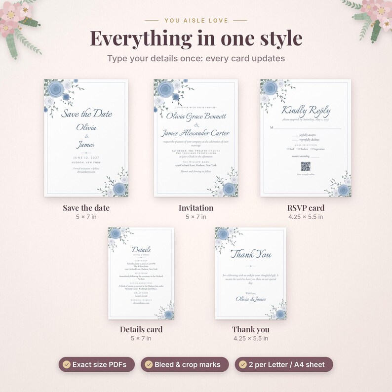May include: A wedding stationery set featuring a Save the Date, invitation, RSVP card, details card, and thank you card. Each white card displays blue floral accents, elegant typography, and specific dimensions in inches.