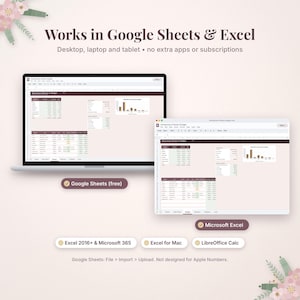 May include: A digital budget planner template displayed on two screens, compatible with Google Sheets and Excel. The interface features tables, financial data, and bar charts. Text includes Works in Google Sheets & Excel, Google Sheets (free), Microsoft Excel, Excel 2016+ & Microsoft 365, Excel for Mac, LibreOffice Calc, and Google Sheets: File > Import > Upload. Not designed for Apple Numbers.