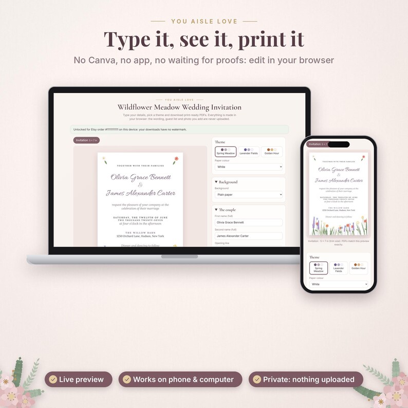 May include: A digital wedding invitation template displayed on a laptop and smartphone screen. The interface features text fields for names and event details, with a wildflower meadow design. Text includes Type it, see it, print it.