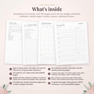 May include: A wedding planner binder set featuring 200 pages in A5 size. The pages include a Start Here guide, a 10-12 Months Before checklist, a monthly planner grid, and a weekly plan layout with checkboxes for tasks and appointments.