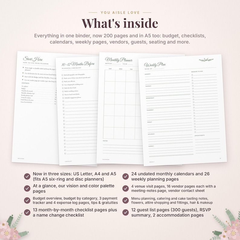 May include: A wedding planner binder set featuring 200 pages in A5 size. The pages include a Start Here guide, a 10-12 Months Before checklist, a monthly planner grid, and a weekly plan layout with checkboxes for tasks and appointments.