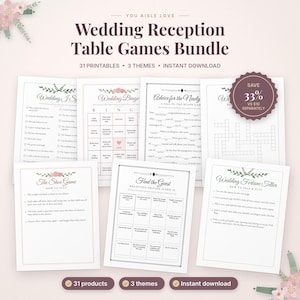 May include: A digital bundle of wedding reception table games featuring 31 printable sheets across 3 themes. The collection includes Wedding I Spy, Bingo, Advice for the Newlyweds, The Shoe Game, Find the Guest, and a Wedding Fortune Teller.