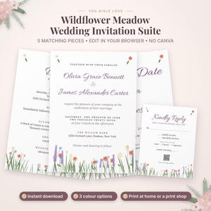May include: A Wildflower Meadow wedding invitation suite featuring white cards with purple and orange floral illustrations at the bottom. The text includes names Olivia Grace Bennett and James Alexander Carter, with a QR code on the RSVP card.