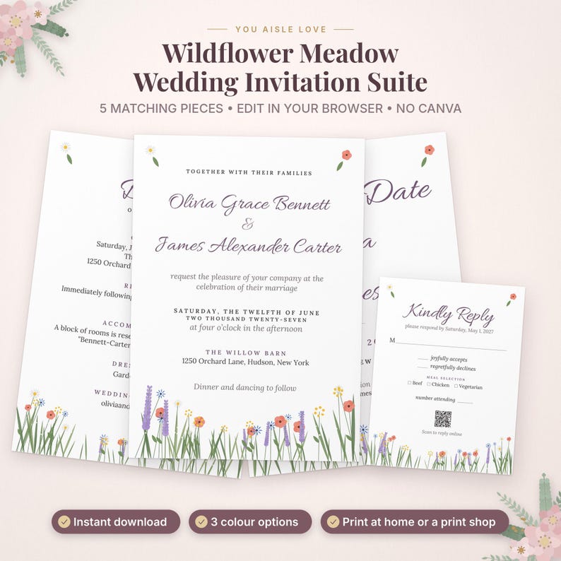 May include: A Wildflower Meadow wedding invitation suite featuring white cards with purple and orange floral illustrations at the bottom. The text includes names Olivia Grace Bennett and James Alexander Carter, with a QR code on the RSVP card.