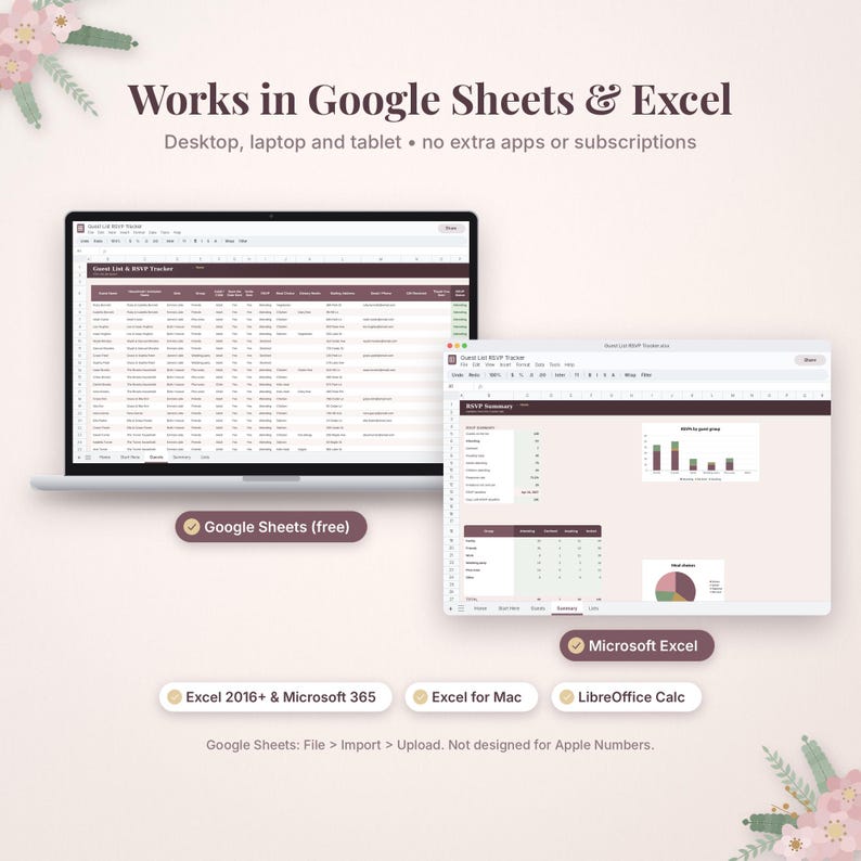 May include: A digital guest list and RSVP tracker spreadsheet displayed on two laptop screens. The interface features dark maroon headers, data tables, and summary charts. Text includes Works in Google Sheets & Excel, Google Sheets (free), Microsoft Excel, Excel 2016+ & Microsoft 365, Excel for Mac, LibreOffice Calc, and Google Sheets: File > Import > Upload. Not designed for Apple Numbers.