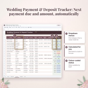 Pu&ograve; includere: Un foglio di calcolo digitale intitolato Wedding Payment & Deposit Tracker con colonne per fornitore, categoria, tipo di pagamento, data di scadenza, importo dovuto, data di pagamento, importo pagato, metodo, saldo e stato.