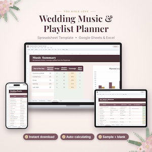 Może przedstawiać: Cyfrowy szablon arkusza kalkulacyjnego do planowania muzyki i playlist ślubnych dla Google Sheets i Excel. Ekran przedstawia tabelę podsumowania muzycznego z zaplanowanymi minutami, liczbą utworów oraz procentowym pokryciem czasu.