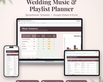 May include: A digital wedding music and playlist planner spreadsheet template for Google Sheets and Excel. The display shows a music summary table with planned minutes, song counts, and coverage percentages, alongside a key music moments list.