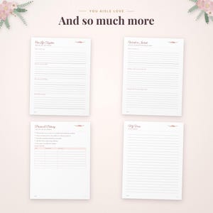 K&ouml;nnte beinhalten: Vier wei&szlig;e Planerseiten aus Papier mit schwarzem Text und floralen Akzenten. Die Seiten sind betitelt mit Our Life Together, Words to Include, Practice & Delivery und My Vows. Oben im Bild steht der Text You Aisle Love And so much more.