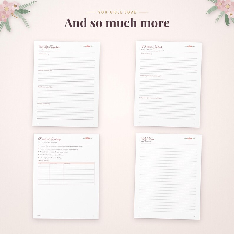 K&ouml;nnte beinhalten: Vier wei&szlig;e Planerseiten aus Papier mit schwarzem Text und floralen Akzenten. Die Seiten sind betitelt mit Our Life Together, Words to Include, Practice & Delivery und My Vows. Oben im Bild steht der Text You Aisle Love And so much more.