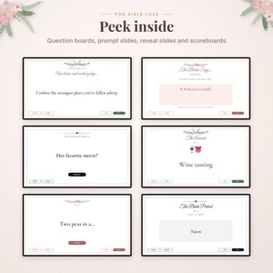 May include: Six digital game slides titled Peek inside, featuring question boards, prompt slides, reveal slides, and scoreboards. The slides include text such as Confess the strangest place you've fallen asleep, The Bride Says, The Answer, and The Bride Picked.