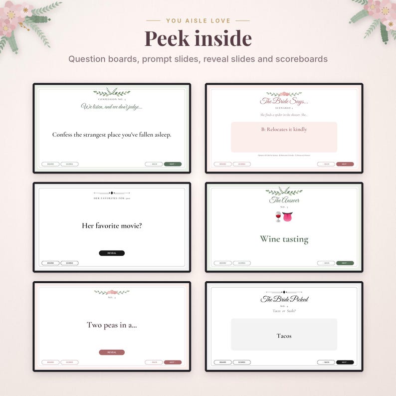 May include: Six digital game slides titled Peek inside, featuring question boards, prompt slides, reveal slides, and scoreboards. The slides include text such as Confess the strangest place you've fallen asleep, The Bride Says, The Answer, and The Bride Picked.