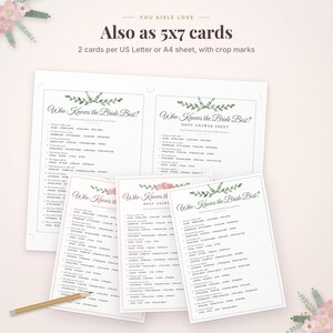 May include: A digital printable game set titled Who Knows the Bride Best, featuring multiple white sheets with black text, floral illustrations, and a wooden pencil. The text includes Also as 5x7 cards, 2 cards per US Letter or A4 sheet.