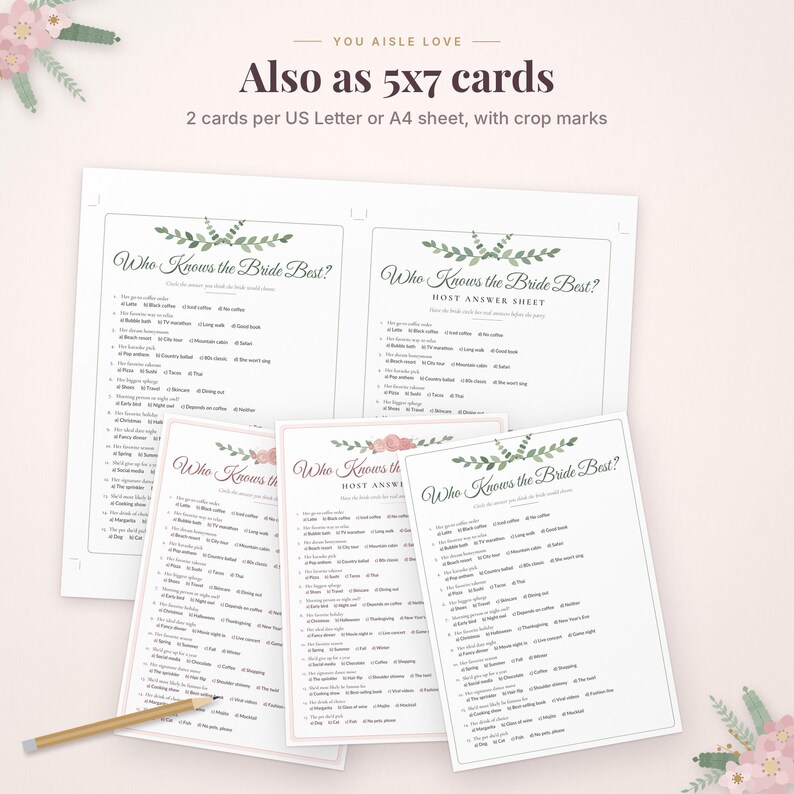 May include: A digital printable game set titled Who Knows the Bride Best, featuring multiple white sheets with black text, floral illustrations, and a wooden pencil. The text includes Also as 5x7 cards, 2 cards per US Letter or A4 sheet.