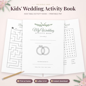 May include: A printable kids' wedding activity book featuring a cover with the text My Wedding Activity Book, a line drawing of two rings, and a space for a name. The pages include a maze, a word search, and a pencil for writing.