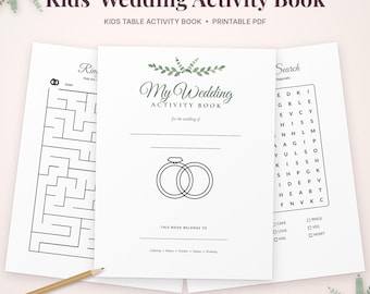 May include: A printable kids' wedding activity book featuring a cover with the text My Wedding Activity Book, a line drawing of two rings, and a space for a name. The pages include a maze, a word search, and a pencil for writing.