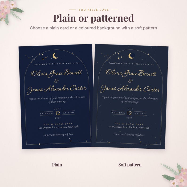 May include: Two navy blue wedding invitation cards with gold text and celestial motifs. The cards feature an arched frame, a crescent moon, and stars. Text includes names Olivia Grace Bennett and James Alexander Carter, date June 12, 2027, and venue The Willow Barn, 1290 Orchard Lane, Hudson, New York.