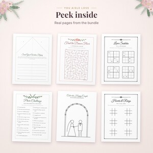 May include: A collection of six printable wedding activity sheets featuring black text and line art on white paper. The pages include Send Your Wishes Flying, Find the Dance Floor maze, Love Sudoku, Photo Challenge, Color the Happy Couple, and Hearts & Rings tic-tac-toe. The header text reads You Aisle Love Peek inside.